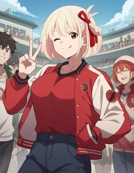 score_9, score_8_up, score_7_up, source_anime, chisatonishikigi, <lora:chisato-nishikigi-s1-ponyxl-lora-nochekaiser:1>, chisato nishikigi, short hair, bangs, blonde hair, red eyes, hair ribbon, one side up, bob cut, large breasts,, <lora:letterman-jacket-ponyxl-lora-nochekaiser:1>, letterman jacket, jacket,, outdoors, crowd, people, v, v over eye, one eye closed, tongue out, smile, beanie, pants, open clothes, open jacket,, cowboy shot, solo, looking at viewer, dutch angle,