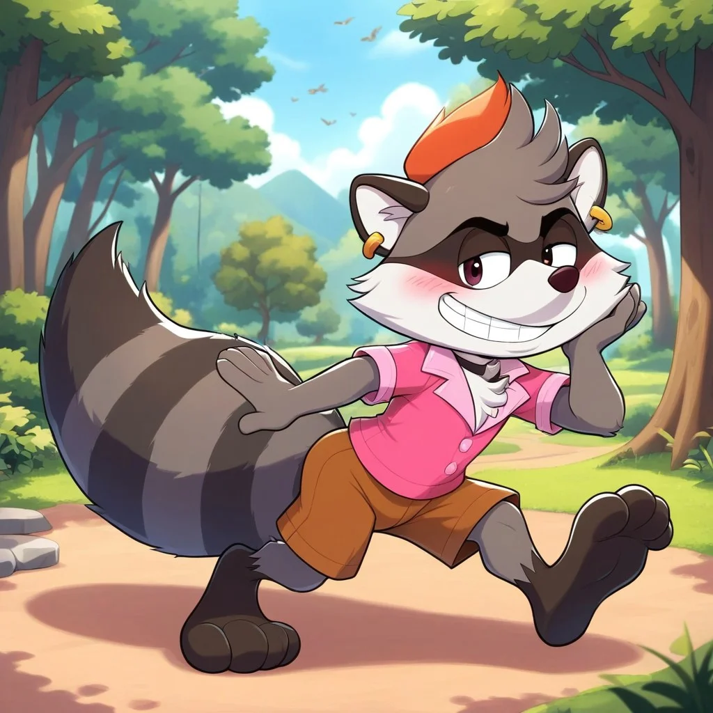 brown shorts, outdoors, earrings, blush, smile, 1boy, Raccoon, tree, Full Body, grin, solo, Renaldo Raccoon