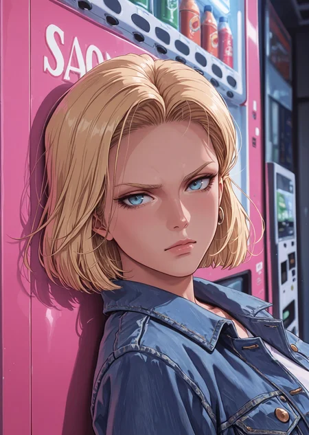 masterpiece, best quality, amazing quality, very aesthetic, masterpiece, best quality, amazing quality, very aesthetic, detailed eyes, perfect eyes, realistic eyes, BREAK, android 18, leaning her back against a vending machine, denim jacket, serious face, neon pink theme, face focus, close up
<lora:RSTHTC_Style__Illustrious:.8>  <lora:cfg_scale_boost:.5>