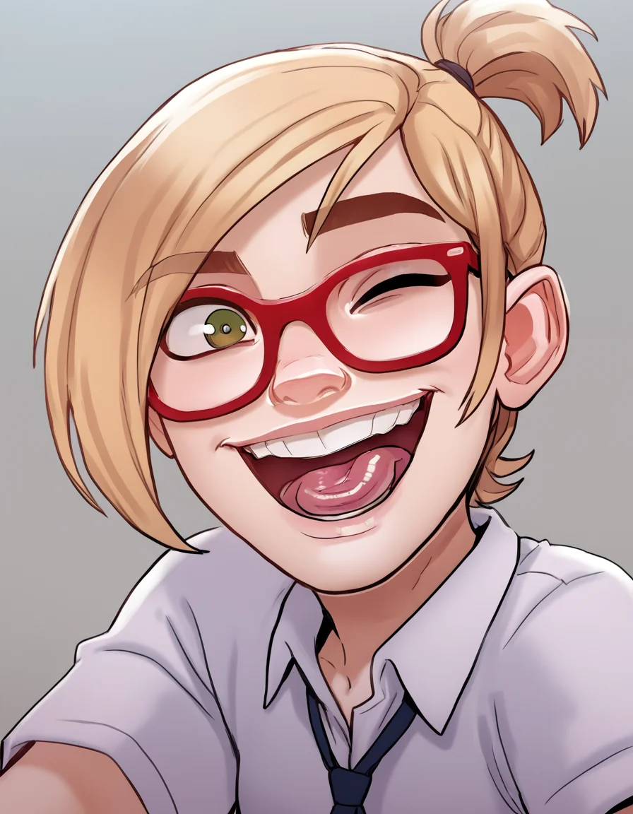 <lora:Darcy2.0Pony:0.6> darcy,, 1girl, short hair,teeth, blonde hair,looking at viewer,ponytail,red-framed eyewear,brown eyes, solo, smile, score_9, score_8_up, score_7_up, score_6_up, score_5_up, score_4_up,green eyes,school uniform,school <lora:Jabstyle_AMXLV1:1> jabstyle, open mouth, tongue out, one eye closed,