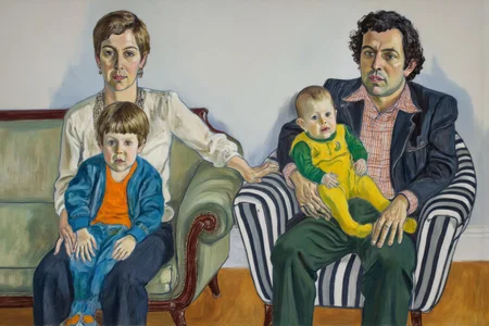aliceneel2 painting.
Four individuals are seated in a room. On the left is a woman with short brown hair, in a white blouse and long necklace, sitting on a green sofa, with a young boy in a blue jacket and orange shirt sitting on her lap. On the right, a man in a striped shirt and dark jacket holds a baby in a yellow outfit with green sleeves on his lap. They are all looking at the viewer. The man is on a striped armchair. The background is a plain, light-colored wall, and the floor is wooden. <lora:aliceneel2_d8a4:1.0><lora:866285394814088309:0>