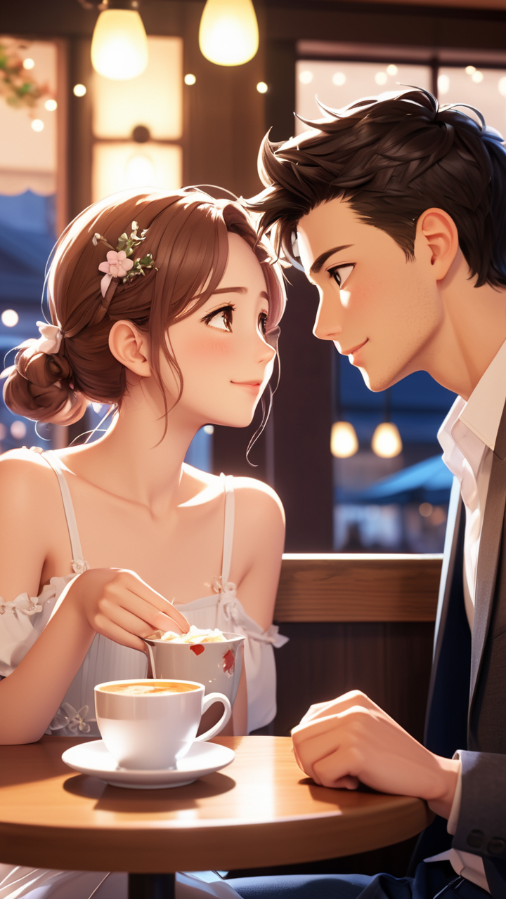 8k UHD professional romantic anime illustration, showcasing a boy and girl on a cafe date, extremely delicate detail. The scene in professional detail and perfect proportions, captures their tender affection. Focus on expressive eyes and fashionable attire, set in a cozy, modern-yet-whimsical cafe. Use soft, warm lighting to create a romantic, inviting atmosphere, telling a charming, heartwarming story. Blushing emotional faces. professional post cleaned high quality illustration.