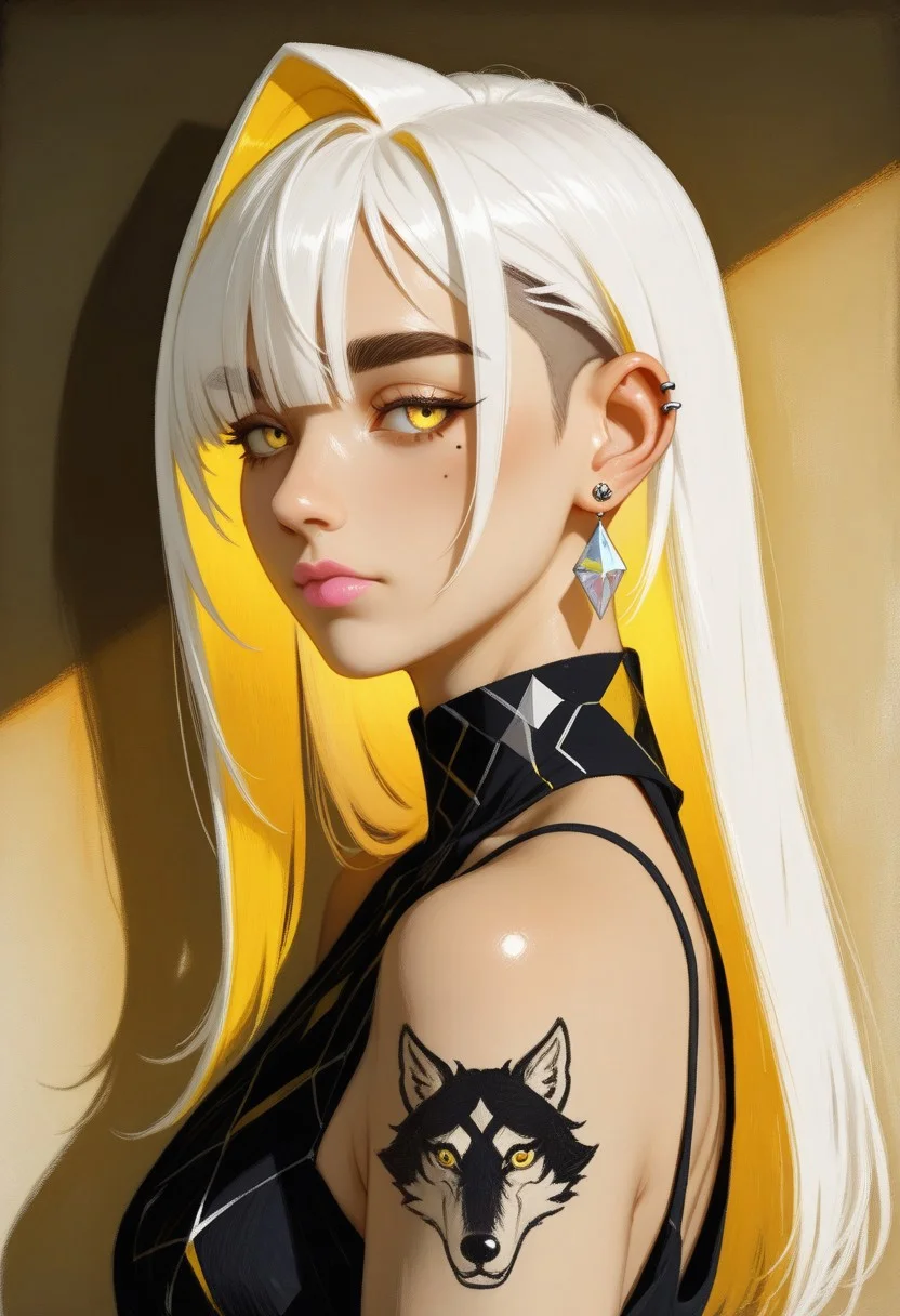 masterpiece,best quality, (faux traditional media:1.4)
1girl, white hair, long hair, undercut, yellow colored inner hair, single hair intake, long bangs, brown eyebrows, thick eyebrows, mole under eye, yellow eyes, detailed eyes, pink lips, closed mouth, diamond earrings, single ear piercing, high neck dress, black dress, diamond print, bare shoulders, sleeveless, wolf tattoo,
back lighting, warm tones, soft shadows, facing to the side, looking at viewer, upper body