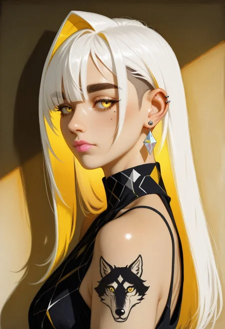 masterpiece,best quality, (faux traditional media:1.4)
1girl, white hair, long hair, undercut, yellow colored inner hair, single hair intake, long bangs, brown eyebrows, thick eyebrows, mole under eye, yellow eyes, detailed eyes, pink lips, closed mouth, diamond earrings, single ear piercing, high neck dress, black dress, diamond print, bare shoulders, sleeveless, wolf tattoo,
back lighting, warm tones, soft shadows, facing to the side, looking at viewer, upper body
