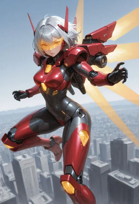 SmoothNoob_Quality, 1girl, long silver hair, mecha suits, mecha exoskeleton, augmented bodyparts, robotic bodyparts, red armor, jetpack, flying, gold details, glowing visor, glowing armor, fighting stance, cityscape, <lora:SmoothStyle_Lambda:1>