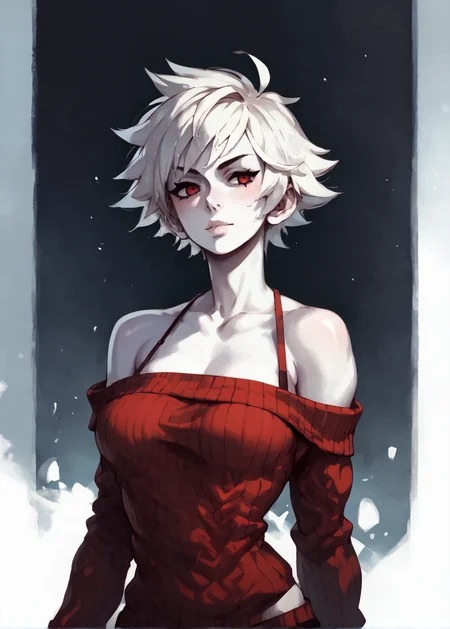 white skins, spiky red short tomboy hair, neutral expression, tight sweater, <lora:NAHIRI:1> nahiri, 1girl, solo, short hair, breasts, bare shoulders, white hair, colored skin, <lora:RD-MAnon-XLV1.1:1> female,, source_anime, score_9_up, score_7_up, score_8_up