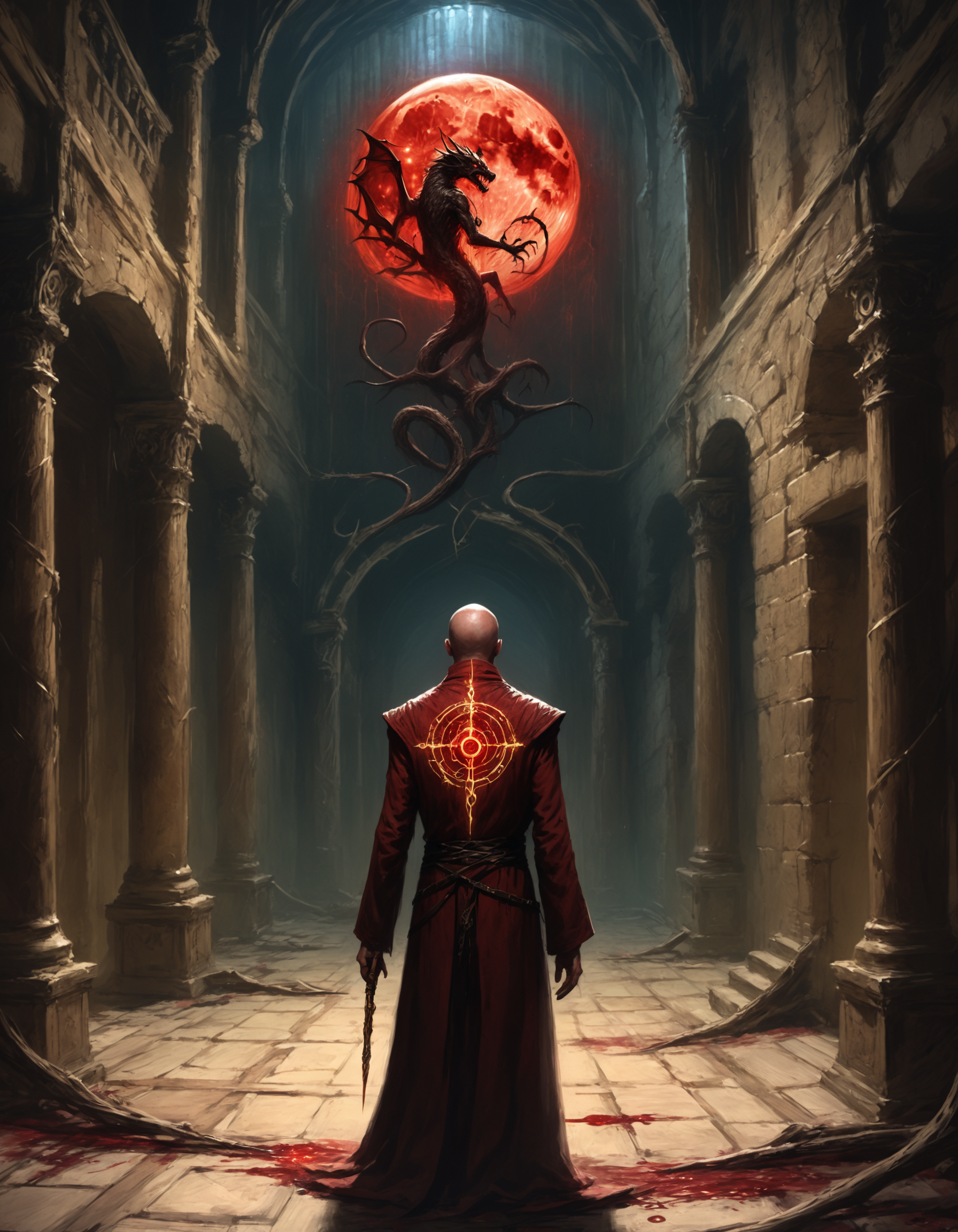 Beneath a blood-moon sky, an ancient mansion loomed over a desolate village, its towers reaching for the heavens like gnarled fingers. Within its shadowed halls, the reclusive scholar Draco Silens studied the enigmatic Codex Arcanaâa grimoire that held the secrets of the occult. As he delved deeper into its cryptic pages, his eyes fell upon an intricate diagram that seemed to shift and pulse with a sinister life. The symbols danced before him, weaving a pattern that whispered promises of unimaginable powerâif only he could decipher their dark meaning. Draco knew well the price of such knowledge but could not resist the siren call of forbidden wisdom. He began to chant an incantation, his voice echoing through the cavernous halls, as he traced the sigil with a quill dipped in blood. The air grew thick with anticipation, and as he completed the final invocation, a flash of crimson light illuminated the chamber, revealing the gateway to a realm best left unopened. The scholar hesitated, torn between his insatiable curiosity and the primal instinct for survival, as the veil separating the mortal world from the abyss of nightmares began to part.<lora:The_Grey_Ones_Horror_Theme_v2-000008:0.8> gr4y0ne, horror (theme)