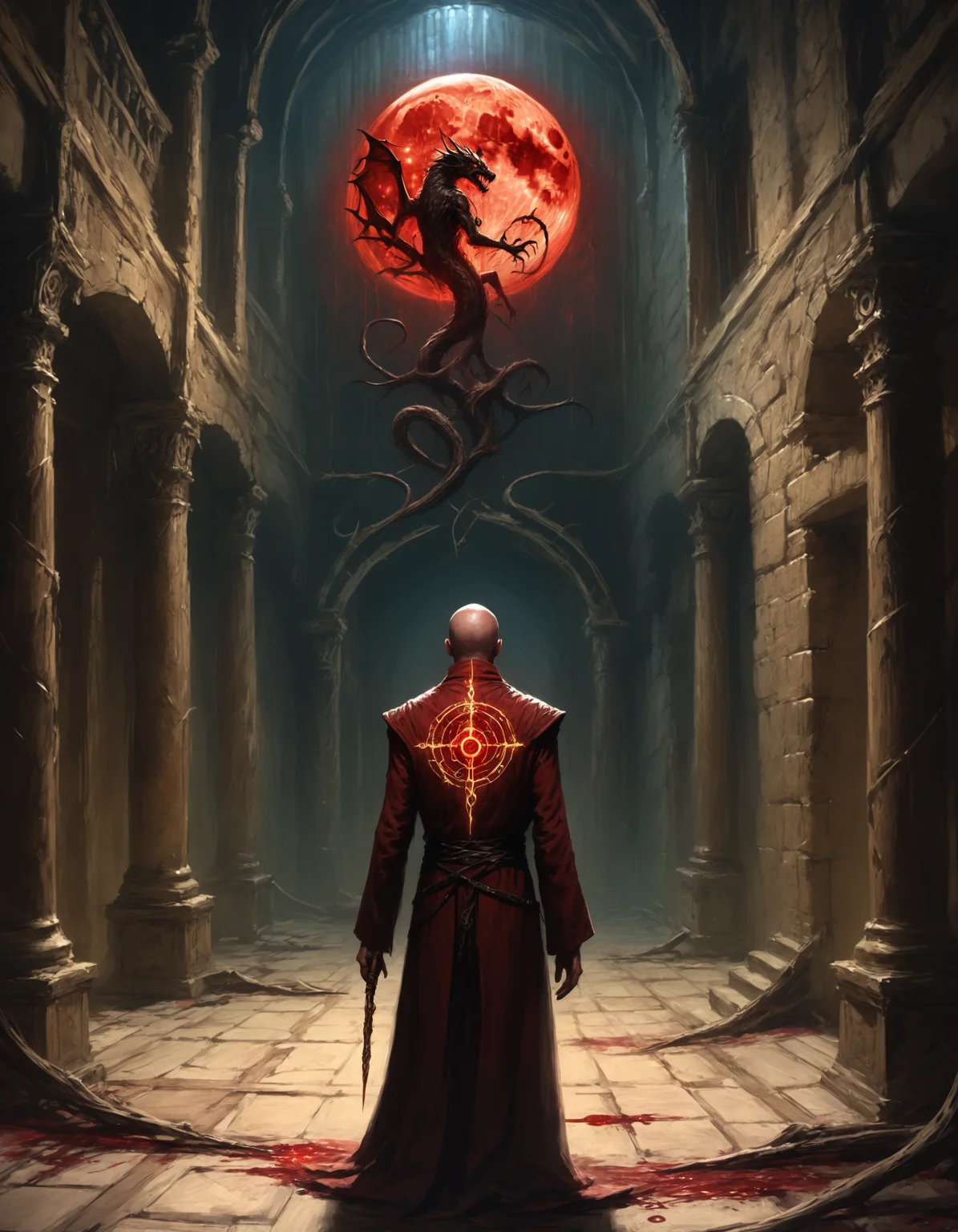 Beneath a blood-moon sky, an ancient mansion loomed over a desolate village, its towers reaching for the heavens like gnarled fingers. Within its shadowed halls, the reclusive scholar Draco Silens studied the enigmatic Codex Arcanaâa grimoire that held the secrets of the occult. As he delved deeper into its cryptic pages, his eyes fell upon an intricate diagram that seemed to shift and pulse with a sinister life. The symbols danced before him, weaving a pattern that whispered promises of unimaginable powerâif only he could decipher their dark meaning. Draco knew well the price of such knowledge but could not resist the siren call of forbidden wisdom. He began to chant an incantation, his voice echoing through the cavernous halls, as he traced the sigil with a quill dipped in blood. The air grew thick with anticipation, and as he completed the final invocation, a flash of crimson light illuminated the chamber, revealing the gateway to a realm best left unopened. The scholar hesitated, torn between his insatiable curiosity and the primal instinct for survival, as the veil separating the mortal world from the abyss of nightmares began to part.<lora:The_Grey_Ones_Horror_Theme_v2-000008:0.8> gr4y0ne, horror (theme)