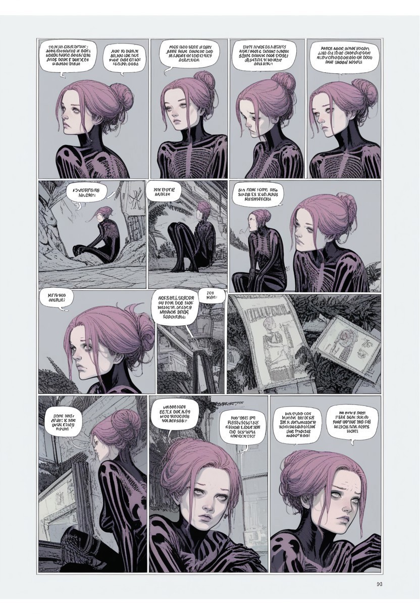zPDXL3, karmen, comic, english text, 1 girl, purple hair, sitting, hair bun, limited palette