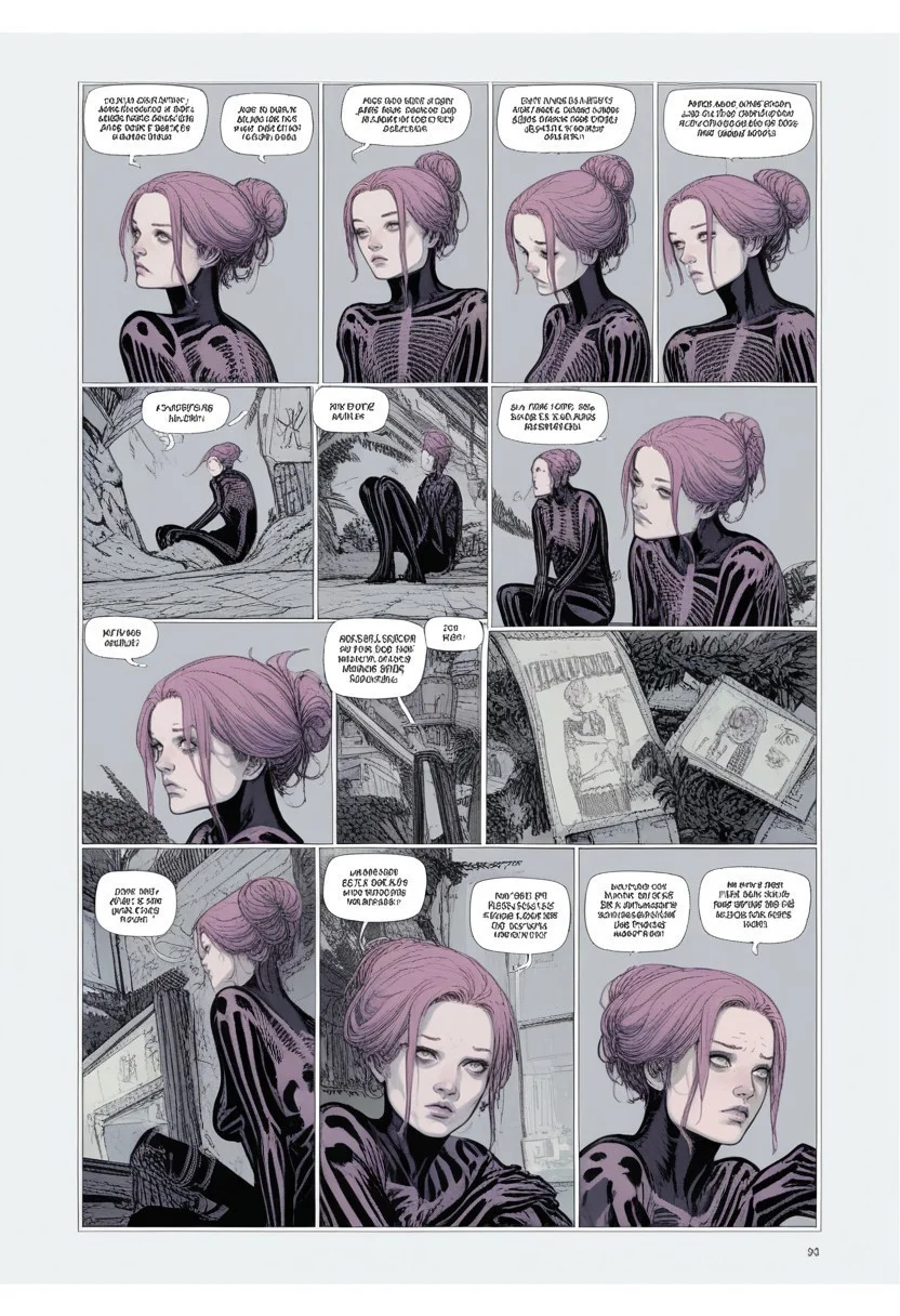 zPDXL3, karmen, comic, english text, 1 girl, purple hair, sitting, hair bun, limited palette