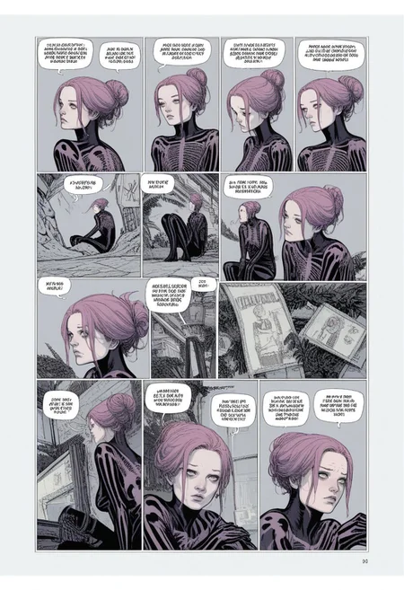 zPDXL3, karmen, comic, english text, 1 girl, purple hair, sitting, hair bun, limited palette