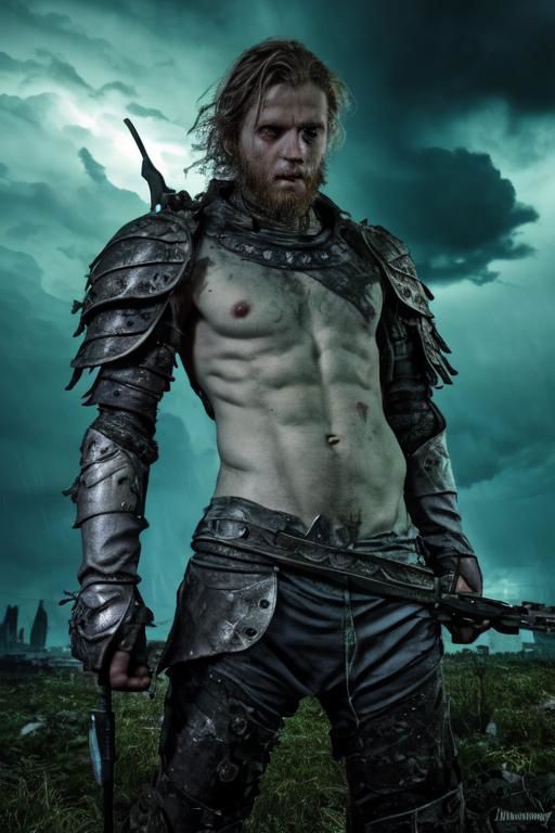 1boy, photoshoot, portrait, a haunted Norwegian man with piercing eyes in scavenged armor amidst a colorful post-apocalyptic landscape,  (((medium shot))), (((half body))), wielding vibrant weaponry, mutated flora with bioluminescent glow, remnants of a destroyed city painted in bright graffiti, and ominous storm clouds in vivid shades