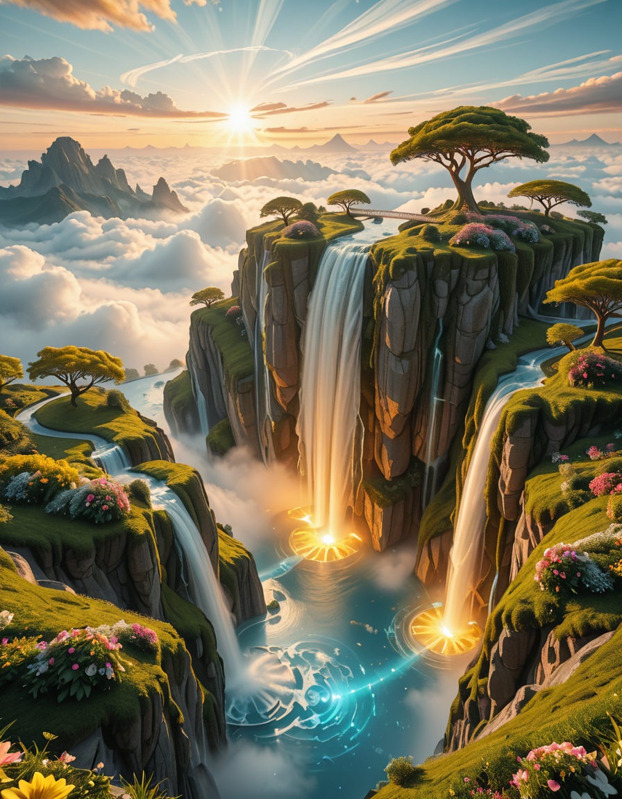 A mesmerizing celestial background featuring an otherworldly paradise. Towering crystalline mountains with peaks that glow softly under a sky painted in shifting hues of iridescent blues, pinks, and golds. Rivers of liquid light flow through vast, open meadows filled with luminescent flowers that pulse with a gentle glow. Gigantic, translucent trees with silver leaves sway in a breeze that carries floating particles of golden dust. Suspended bridges made of shimmering energy connect ancient, floating monoliths engraved with intricate celestial patterns. In the distance, an enormous radiant waterfall cascades into a bottomless, mist-covered abyss, reflecting the surrounding ethereal glow. A tranquil atmosphere, untouched and divine, filled with an overwhelming sense of wonder and serenity.
<lora:SDXLFaeTastic2400:0.4> <lora:extremely_detailed:0.4> extremely detailed,heavenly l4ndsc4p3, <lora:heavenly_l4ndsc4p3-i:1>, Masterpiece,best quality,hi res,8k,hi res,8k,award winning,(sharp focus, intricate, highly detailed),