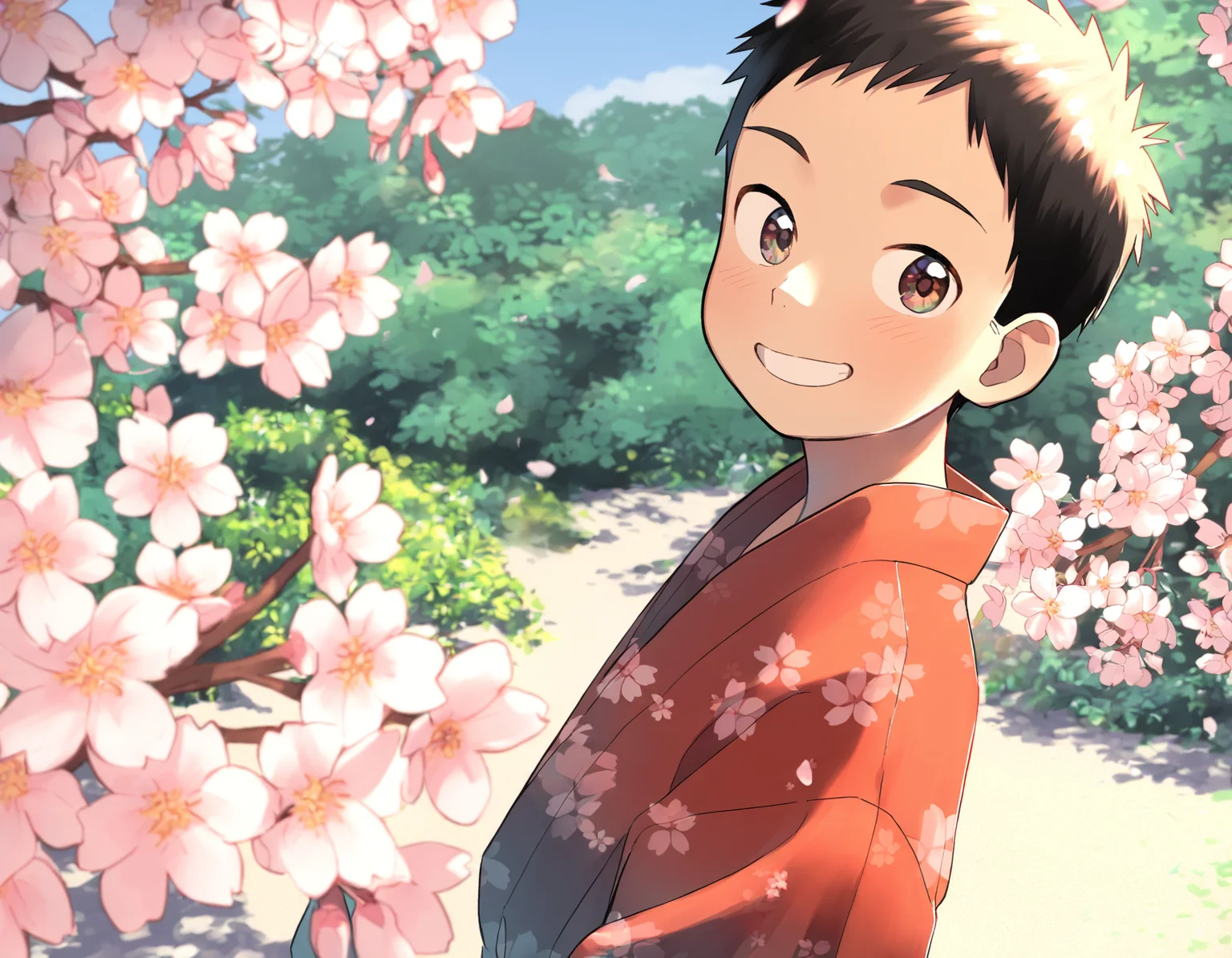 masterpiece, eeroku-style, very awa, outdoors, spring, trees, sakura, from side, close-up, 1boy, solo, black hair, brown eyes, japanese clothes, yukata, smile, looking at viewer <lora:a6_naiXL_v1Nb-ShoAI:1>