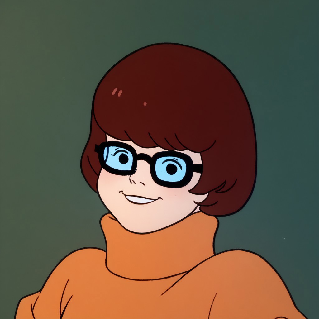 score_9, score_8_up, score_7_up BREAK VelmaCl, 1girl, brown bob cut, black eyes, glasses, orange turtleneck sweater, short red pleated skirt, orange knee-high socks, red mary jane shoes, smiling at viewer,