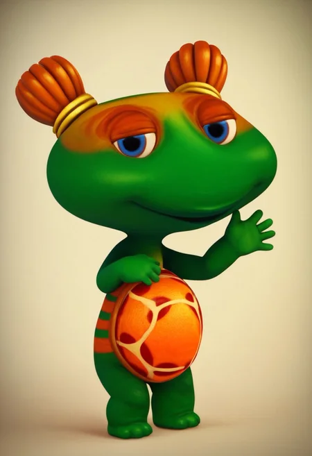 lulu zipadoo, 1girl, furry, anthro, female turtle (frog shaped head), green skin, blue eyes, orange eyelid, orange hair, yellow hair ties, pigtails, wide head, chibi, 3 oranges stripes around belly, plump, little tail, wide hips, short legs, score_8_up, score_7_up, BREAK, 1girl, solo, looking at viewer, cute, smiling, smug, shy, waving at viewer, female focus, looking at viewer, detailed background, 4k, masterpiece, best quality, highly detailed, realistic, 3d, full shot