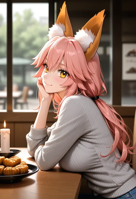 <lora:touching_grass_v0.1:0.8>1girl,tamamo \(fate\),from side,wooden table,masterpiece,hand on own cheek,looking at viewer,food on table,candle,restaurant,
