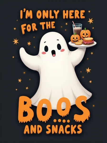 (the words "I'm only here for the boos... and snacks" in orange at the bottom:2.0), a ghost holding a tray of Halloween treats, text focus, <lora:Text_Logo_-_Style:1>