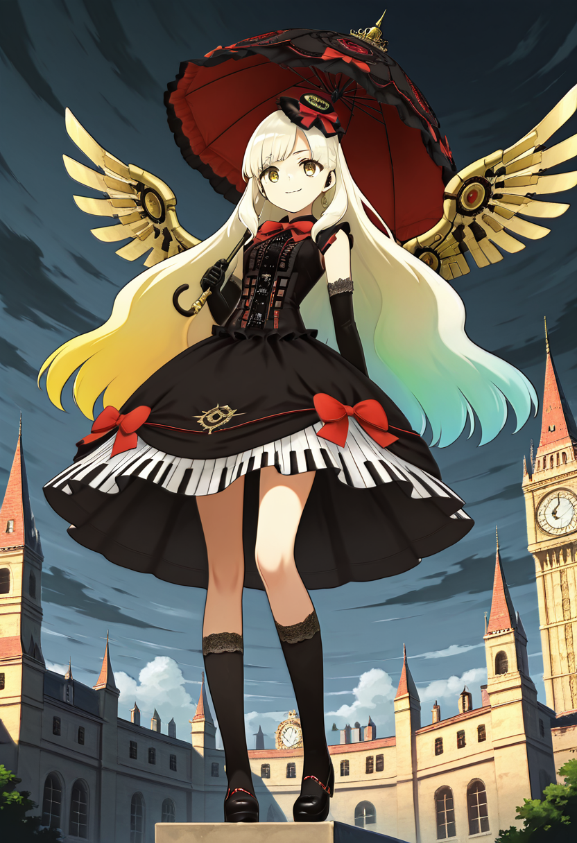 masterpiece, best quality, 1girl, solo,  zzMayu, steampunk, yellow eyes, multicolored hair, white-blonde gradient, hair ornament with gears, gothic dress, brass elbow gloves, lace kneehighs, top hat with goggles, mechanical wings, gear-laced parasol, cathedral rooftop, ticking clock tower, stormy sky, smirk, dramatic wind, glowing amber lights  On the spire of a forgotten clockwork cathedral, Mayu perches like a fallen angel. Brass feathers shimmer beneath her mechanical wings as the wind tugs at her layered gothic dress. She raises her parasolâits canopy etched with rotating gearsâand watches the city below tick toward midnight. Somewhere in the chaos of brass and steam, a song is rising. narrow waist,  , <lora:MAYULoveLogic_IXL:1.0>,