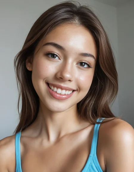 Stable_Yogis_PDXL_Positives2 1girl, solo, long hair, looking at viewer, smile, open mouth, brown hair, bare shoulders, upper body, teeth, grey background, grin, black eyes, lips, border, tank top, realistic, asian