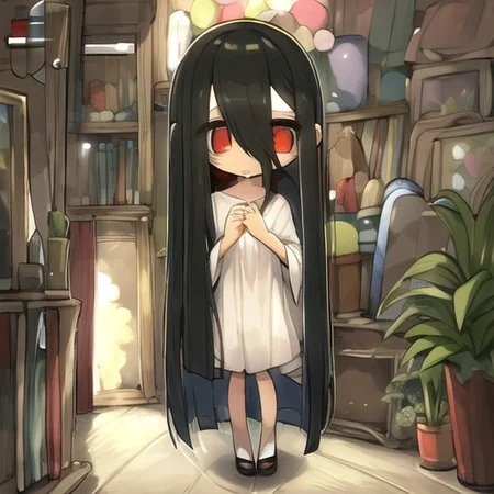 ((masterpiece)),(best quality), absurdres,sadako_yamamura,red eyes, white dress,<lora:Sadakobest:0.8>, <lora:chibiArtstyle_10:1>, chibi,