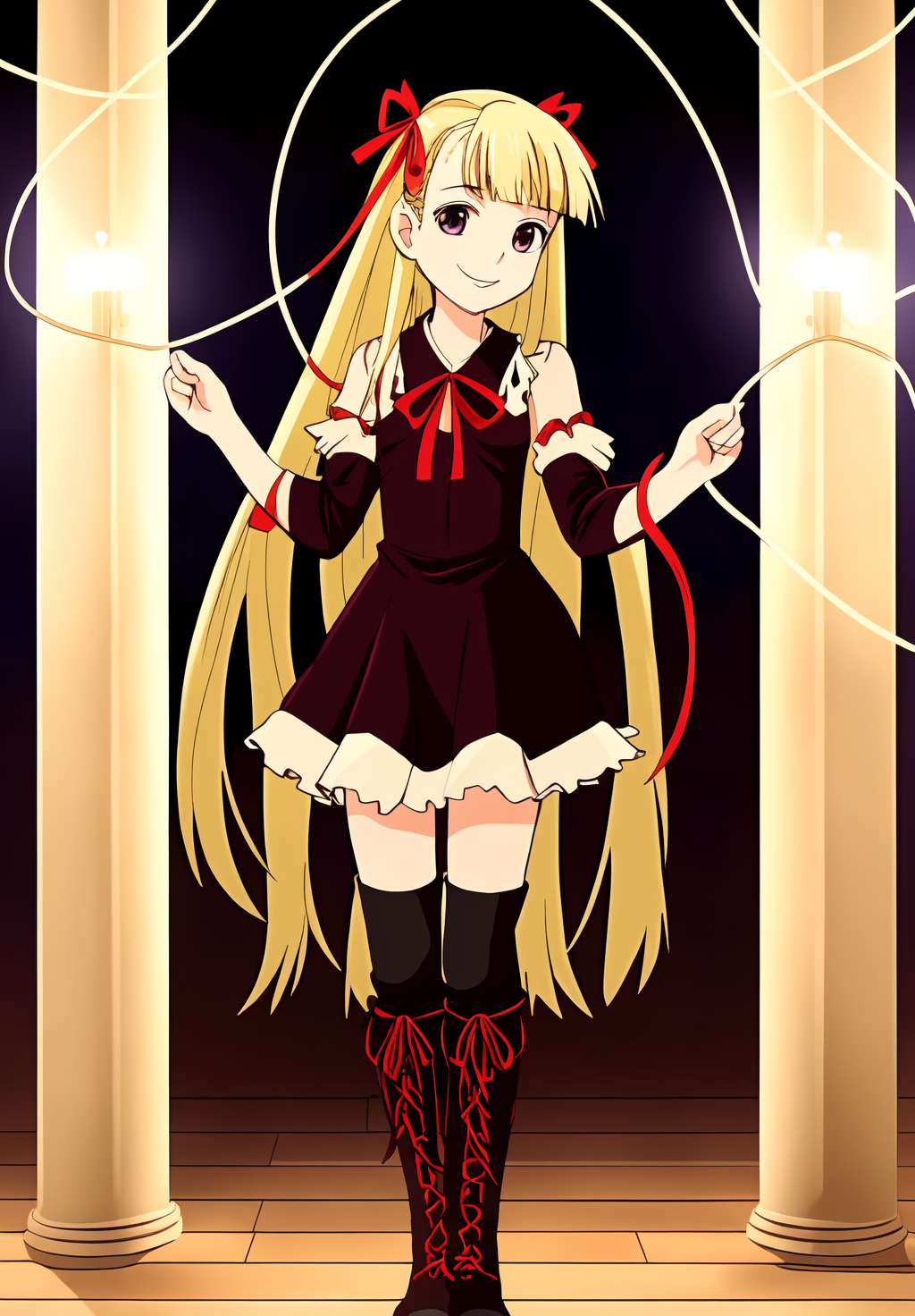 <lora:Evangeline_McDowell:0.8>, (masterpiece, best quality,perfect lighting), Evangeline_McDowell, 1girl, solo, smile, ribbon, hair ribbon, boots, detached sleeves, knee boots, cross-laced footwear, string