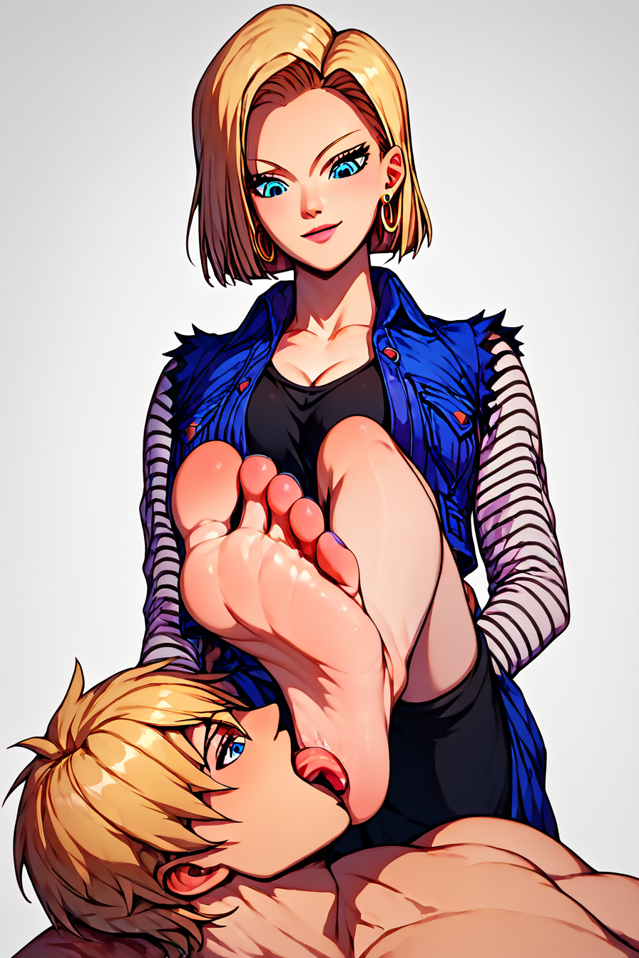 score_9, score_8_up, score_7_up, score_6_up, score_5_up, score_4_up, <lora:android-18-ponyxl-lora-nochekaiser:0.7> ,android 18, blonde hair, blue eyes, eyelashes, hoop earrings, short hair, earrings, <lora:foot_worship_pony:0.8>, 1girl, 1boy, sitting, feet, barefoot, toenails, legs, licking foot, foot worship, femdom, feet, looking down, masterpiece, highres, highly detailed face, highly detailed shining eyes, symmetrical highly detailed eyes, white background, simple background