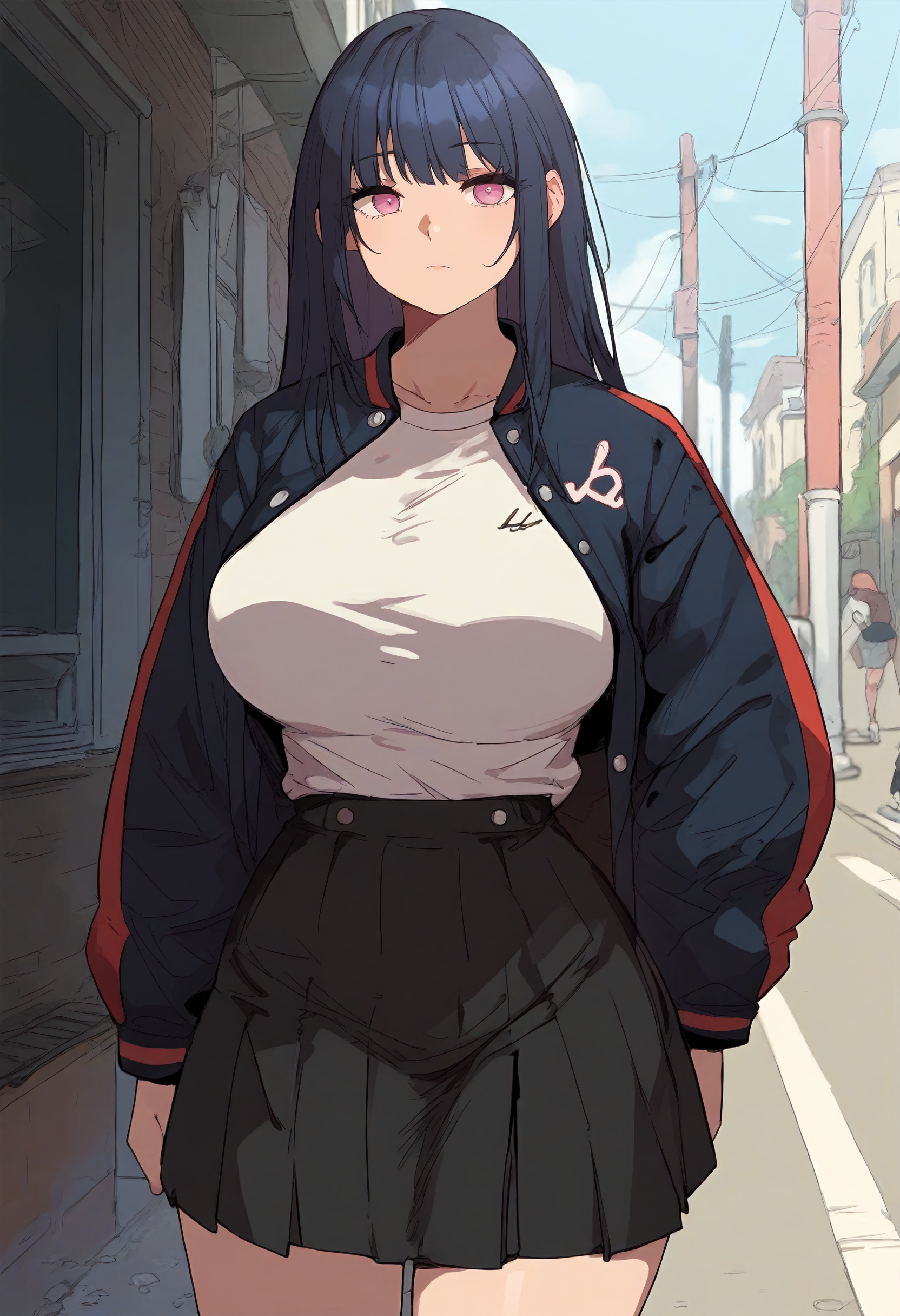 score_9, score_8_up, score_7_up, score_6_up, source_anime, rating_explicit, 1girl, solo, huge breasts, <lora:May prefectPonyxl:0.85> long hair, black hair, purple eyes, pink eyes, blue hair, sidelocks, letterman jacket, multicolored jacket, black jacket, white shirt, t-shirt, long sleeves, black skirt, miniskirt, expressionless, street, outdoors, looking at viewer