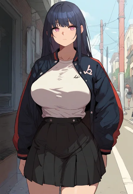 score_9, score_8_up, score_7_up, score_6_up, source_anime, rating_explicit, 1girl, solo, huge breasts, <lora:May prefectPonyxl:0.85> long hair, black hair, purple eyes, pink eyes, blue hair, sidelocks, letterman jacket, multicolored jacket, black jacket, white shirt, t-shirt, long sleeves, black skirt, miniskirt, expressionless, street, outdoors, looking at viewer