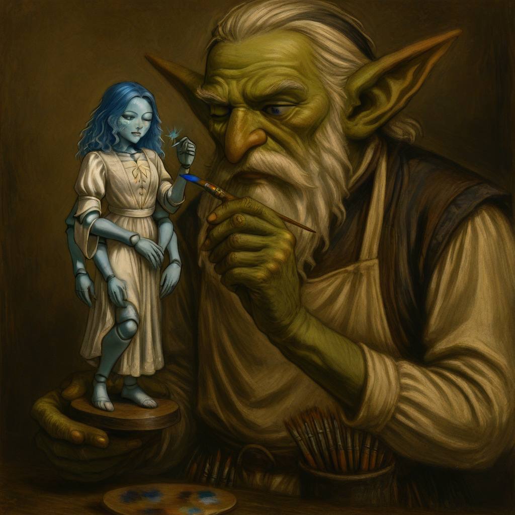 masterpiece, best quality, newest, absurdres, highres, 1boy, RGV1.0-IL Gremlin, green skin, colored skin, beard, white beard, facial hair, goblin, paintbrush, miniature, miniature painting, painting miniature, holding, holding paintbrush, 1girl, miniature ranni, ranni the witch (elden_ring), blue hair, blue eyes, doll joints, joints, one eye closed, white dress, extra arms,