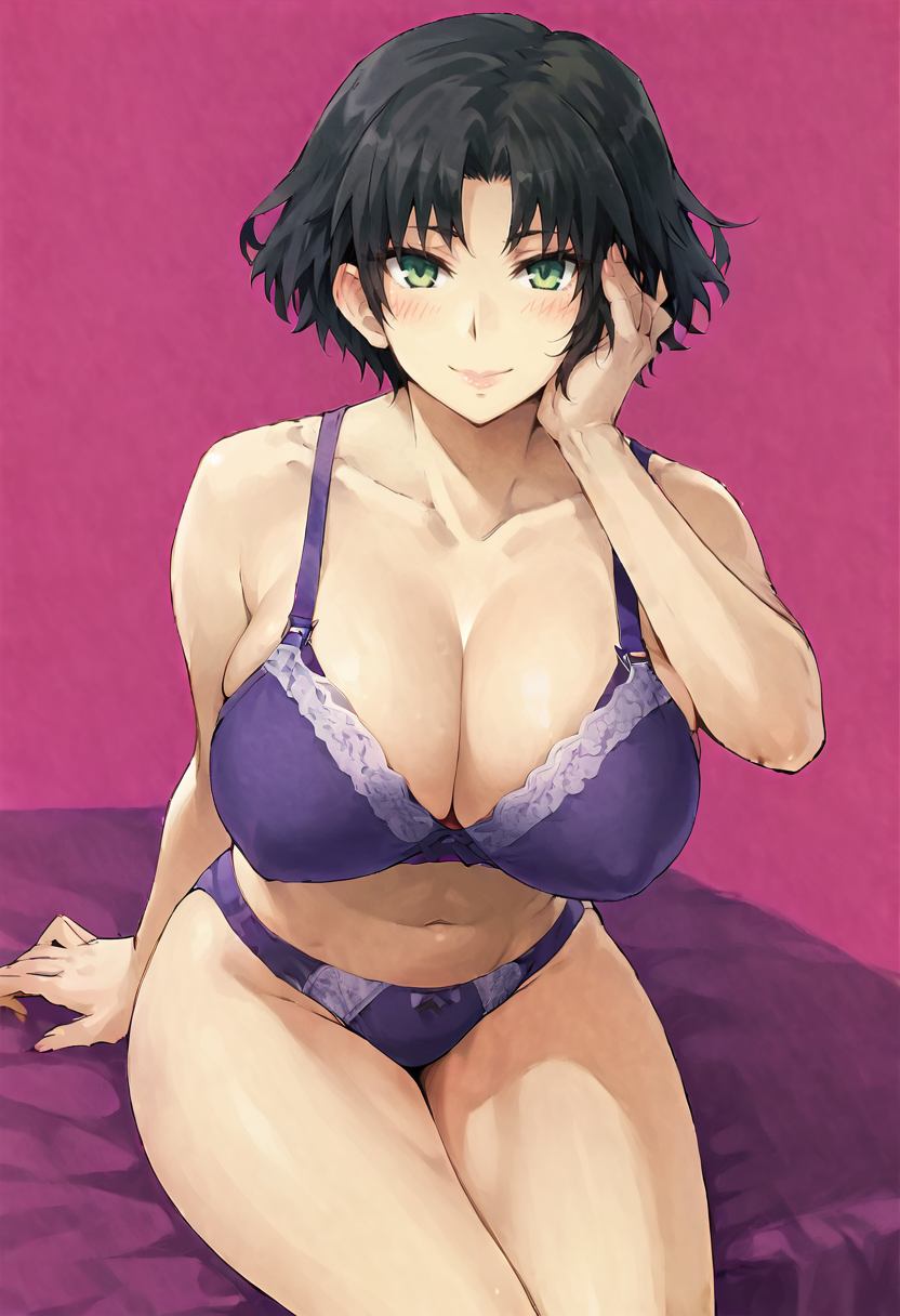 score_9, score_7_up,  1girl, 
solo, huge breasts, wide hips, thick thighs, looking at viewer, underwear only, underwear, hand on own cheek, parted bangs, short hair, breasts, smile, purple bra, arm at side, closed mouth, panties, bra, hair intakes, head rest, sitting, collarbone, hand up, black hair, blush, bare arms, purple panties, green eyes, navel, thighs, pink background, hand on own face, lips
 <lora:Konoe-Otsugu-Style-PonyXL-GLoRA-000046:1>