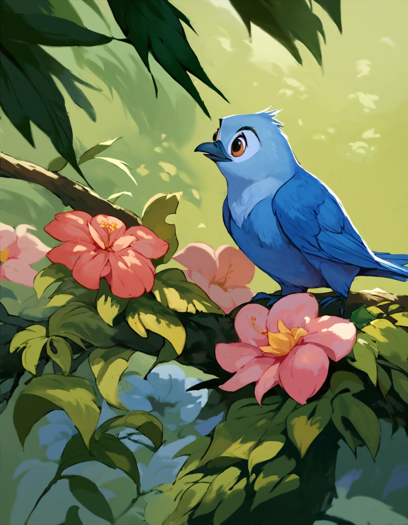 score_9, score_8_up, score_7_up, score_6_up, disney animation, 
feral, looking at another,  blue bird, leaf, green leaves, pink flower, cute,
<lora:Disney_Animation_Pony_v1:1> ,