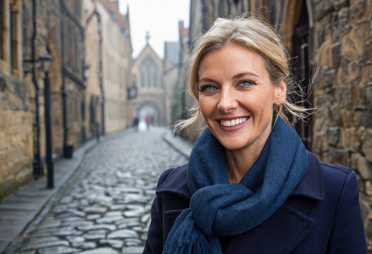 A hyper-detailed, high-resolution (8K) travel portrait of a 40-year-old woman with sleek blonde hair tied back,Her striking blue eyes, natural laugh lines, and subtle wrinkles give her a grounded, elegant charm **Olivia wears a deep navy wool pea coat, scarf loosely wrapped around her neck, as she walks along the ancient stone walls of York Minster. The background shows the cobbled streets and half-timbered buildings of The Shambles, with morning mist adding a soft glow to the scene.**
