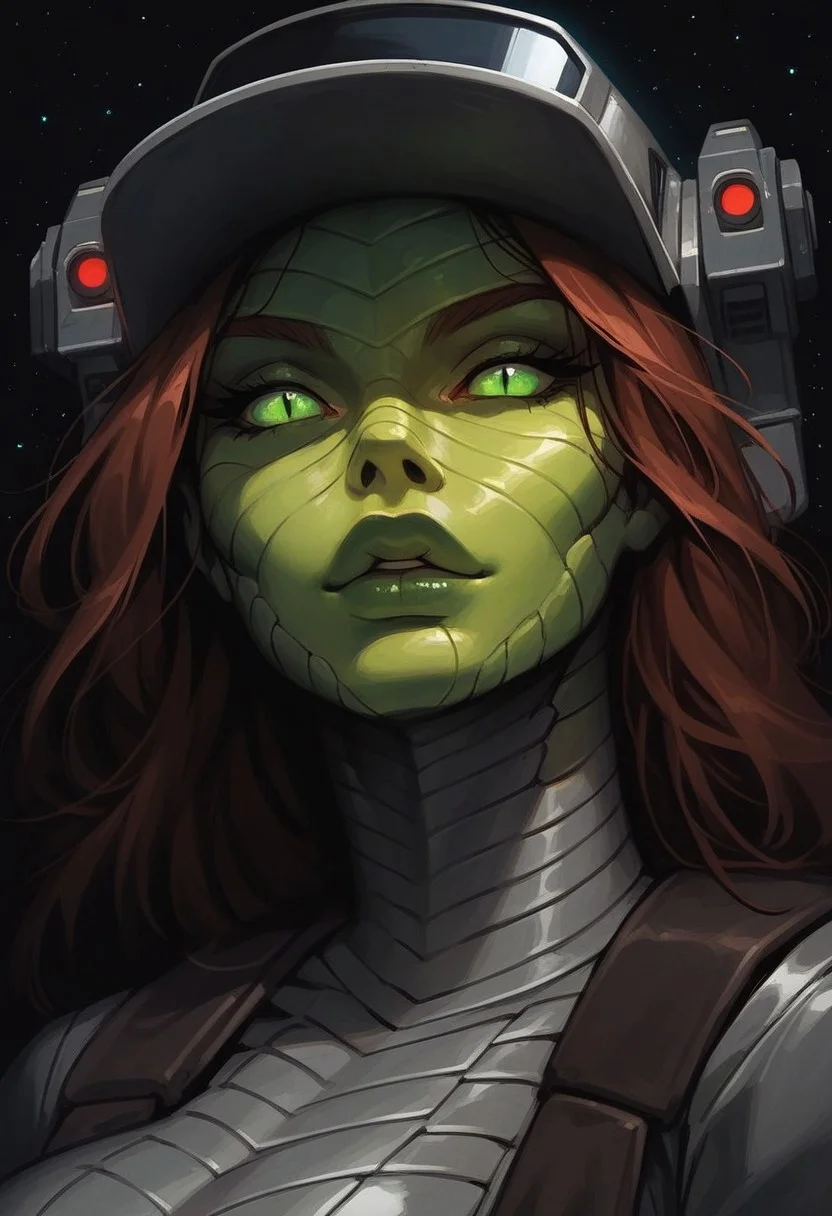 score_9, score_8_up, score_7_up, score_6_up, gundamwingcockpit, alien, lamia, snake, green skin, serpent, futuristic, scifi, gray latex , jumpsuit, huge breasts, solo, brown hair,headwear, gloves, g0thicPXL, dutch angle, sly, displays, technology, glowing, neon, green eyes, spaceship, stars, portrait, (big lips:0.7), scaly skin, close up