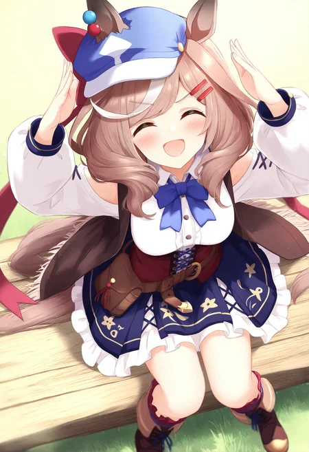 <lora:flash1_noob1.1-000072:1>,
1girl, animal ears, horse ears, closed eyes, matikane tannhauser \(umamusume\), brown hair, solo, horse girl, hat, hair ornament, medium breasts, hairclip, white shirt, blush, blue headwear, breasts, streaked hair, shirt, sitting, multicolored hair, horse tail, ears through headwear, facing viewer, tail, skirt, smile, open mouth, frills, boots, cabbie hat, white hair, long sleeves, blue bow, bow, long hair, blue skirt, frilled skirt, vest, brown footwear, ^_^, belt, puffy sleeves, :d, grass, pouch,
masterpiece,best quality,newest,absurdres,highres,very awa,