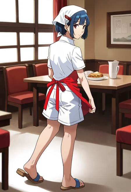 score_9, score_8_up, source_anime
1 girl, solo, cute face,
p4aika, short hair, blue hair, head scarf, red apron, hair ornament, white shirt, collared shirt, white shorts, sandals, from behind, looking back, long legs,
looking at viewer, standing, expressionless,
inside, restaurant,
masterpiece, best quality, ultra detailed,