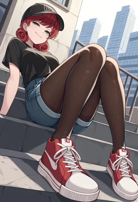 masterpiece, best quality, solo, 1girl, <lora:NSPennyStardewIllu:1> NSPennyMisc, green eyes, medium hair, red hair, curly hair, green stud earrings, t-shirt, denim shorts, pantyhose under shorts, pantyhose, sitting, stairs, outdoors, city, sneakers, dutch angle, full body, from below, looking at the viewer, smug, cap