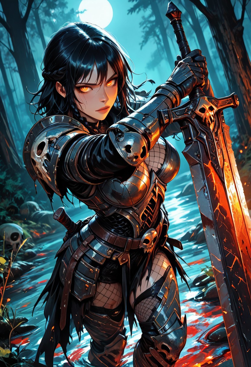 (masterpiece), (best quality), (8k),
1girl, beautiful, breasts, bounty hunter, scale armour, battle scarred, damaged armor, fishnets under armor, braided hair, black hair, red plated armour, holding greatsword, battle stance, dynamic angle, ancient fantasy, in nature, tranquil pond, shallow water, forest, battle-ready stance, dynamic pose, at night, moonlight, moonlight reflecting off the wet ground, directional lighting, closeup, from above, 
beautiful eyes, skull hanging off of belt, detailed eyes, perfect eyes, orange eyes, beautiful eyes, looking at viewer, 
extreme foreshortening,