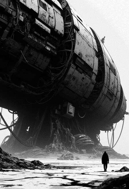 A desolate futuristic landscape depicting a massive, rusted mechanical structure resembling a mothership, partially collapsed, with intricate details revealing layers of exposed metal and wires. The scene is illuminated by a stark, monochrome palette, predominantly blacks and whites, creating a dramatic and haunting atmosphere. A solitary figure can be seen walking towards the structure, emphasizing the scale and isolation of the environment. The ground is uneven and cracked, adding to the sense of abandonment. The aesthetic combines elements of cyberpunk and dystopian art, with a focus on stark contrasts and intricate line work, evoking feelings of both awe and desolation.