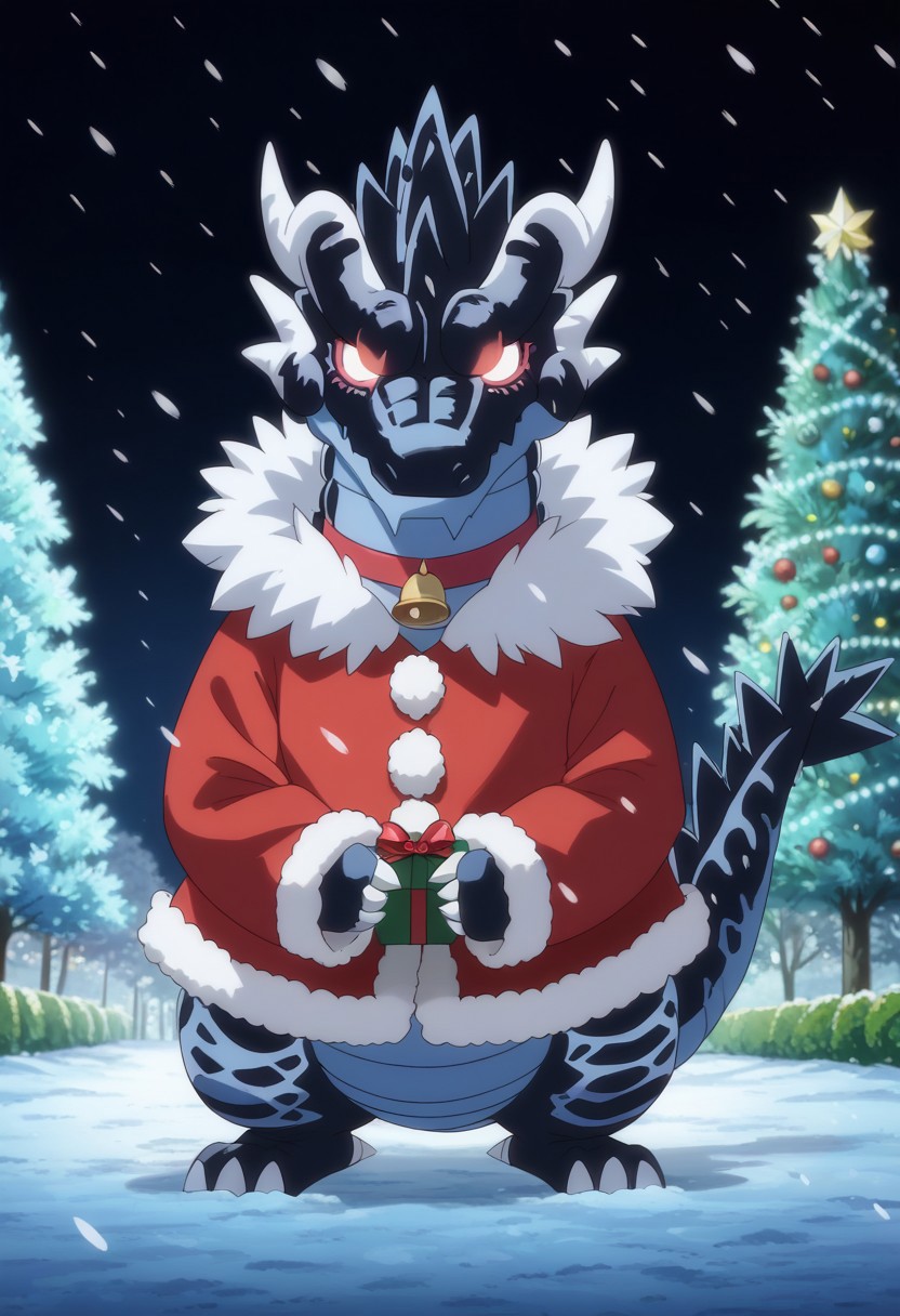 score_9, score_8_up, score_7_up, source_anime, rating_safe, snowing, chibi dragon, [VeldoraTGRS], white glowing eyes, white_Veldora_dragon horns, pokemon (creature), dragon focus, anime screencap, fur trim, bell collar, Christmas outfit, blurry outdoors, happy-cheery, cute wallpaper,