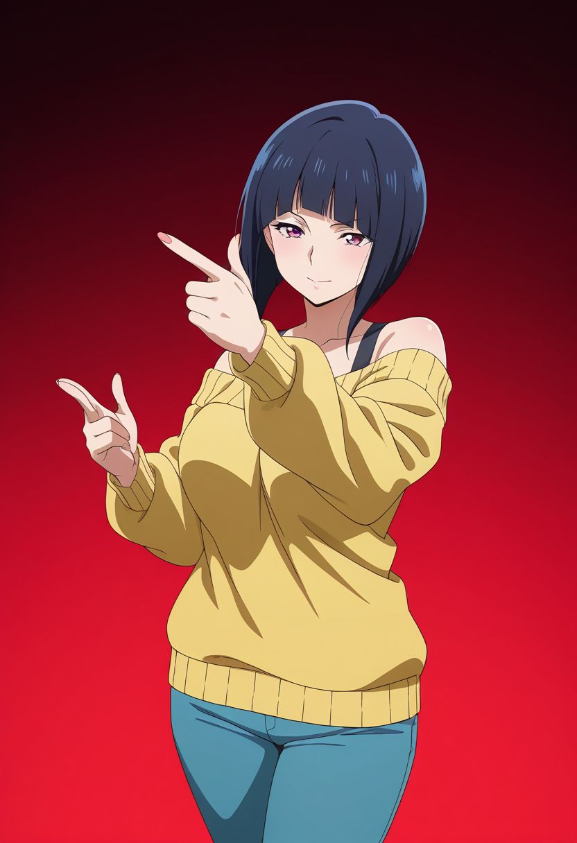 masterpiece, best quality, amazing quality, anime coloring, anime screencap, 1girl, mature female, inverted bob, black hair, blunt bangs, cowboy shot,  BREAK  simple background,  dynamic pose gradient background,  red  background  off-shoulder sweater,     finger gun,