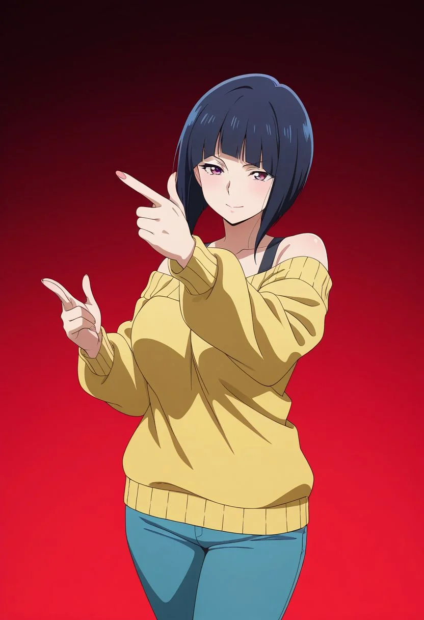 masterpiece, best quality, amazing quality, anime coloring, anime screencap, 1girl, mature female, inverted bob, black hair, blunt bangs, cowboy shot,  BREAK  simple background,  dynamic pose gradient background,  red  background  off-shoulder sweater,     finger gun,