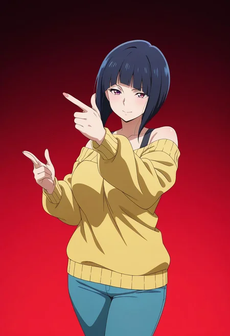 masterpiece, best quality, amazing quality, anime coloring, anime screencap, 1girl, mature female, inverted bob, black hair, blunt bangs, cowboy shot,  BREAK  simple background,  dynamic pose gradient background,  red  background  off-shoulder sweater,     finger gun,
