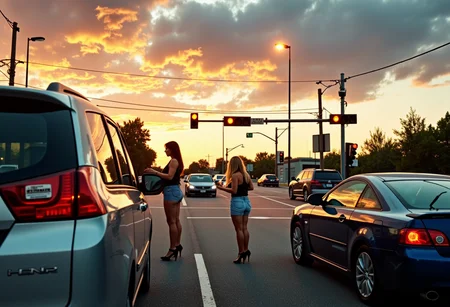 long shot scenic professional photograph of The legend of the mistresses standing by every vehicle, whilst practicing aggressive window solicitation, in the intersection during a traffic light. , perfect viewpoint, highly detailed, wide-angle lens, hyper realistic, with dramatic sky, polarizing filter, natural lighting, vivid colors, everything in sharp focus, HDR, UHD, 64K