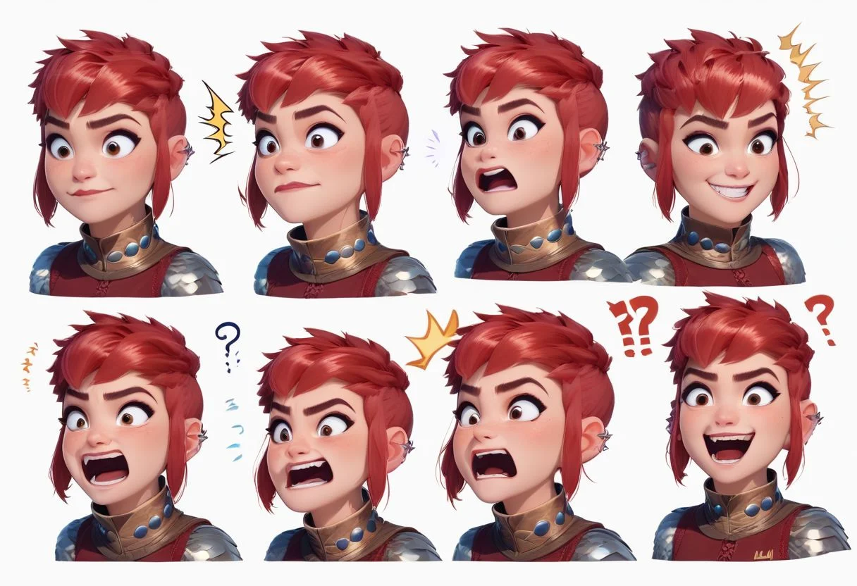 score_9, score_8_up, 1girl, 18 year old, NimonaXL, short red hair,sidelocks, brown eyes, ear piercing , portrait, multiple expressions,open mouth, closed mouth,smile,shocked ,confused,angry,in love