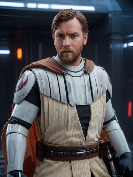 (close-up1.5) shot of General Obi-Wan Kenobi <lora:General_Obi-Wan_Kenobi:0.8> in a futuristic spaceport, flowing cloak, dynamic action pose, holding lightsaber, beard, facial hair, realistic, cloak, armor, smoke and fire, insanely detailed, lifelike, looking at camera, atmospheric, intricate, character photography, 8k, sharp focus, unreal engine 5, volumetric lighting, octane render, vray, character photography, Fujifilm XT3, DSLR, 50mm, ultra-realistic, hyperrealism, authentic star wars atmosphere, masterpiece, trending on artstation