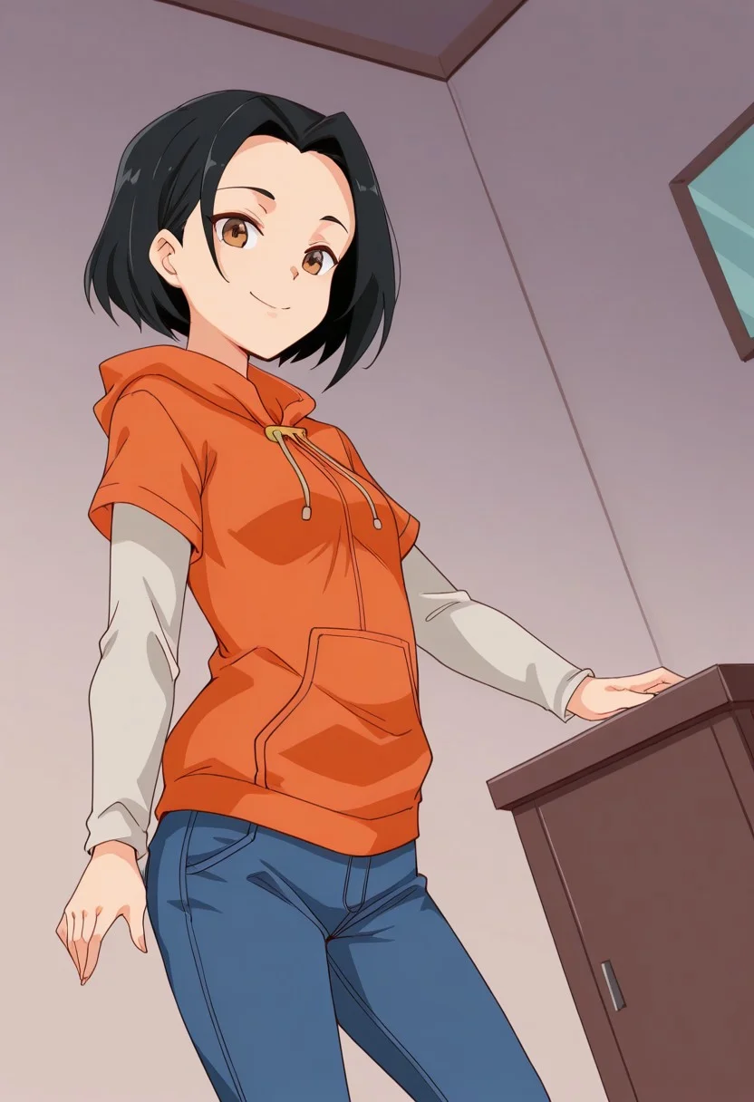 jade_jca, 1girl, black hair, short hair, brown eyes, ((orange)) hoodie, layered sleeves, jeans
1 girl, cowboy shot, smile, dutch angle, posing, inside, bedoom
looking at viewer
nyuu_style