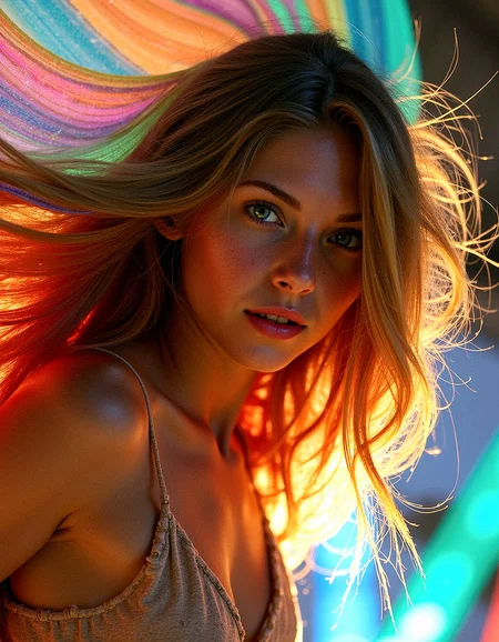 vintage style from 1930s,
Extreme realism in a complex, highly detailed composition featuring a woman with extremely long flowing rainbow-colored hair. The glowing background, with its vibrant colors, exaggerated details, intricate textures, and dynamic lighting, creates a whimsical, dreamy atmosphere in photorealistic quality.
Threads of light that float and weave through the air, adding movement and intrigue.
Patterns on the ground or in the background that glow subtly, adding a layer of complexity.Rainbows that appear faintly in the background, adding a touch of color and wonder.Butterfly wings that shimmer in the light, adding life and movement to the scene.Beams of light that radiate softly through the scene, adding focus and direction.Curtains of light that flow gently through the air, adding movement and a soft glow.
A close-up focusing on her wide, expressive eyes, with her hair flowing gently around her face.