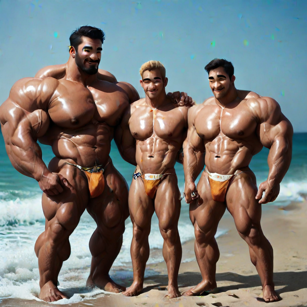 group of manly grandfathers at a beach with construction workers