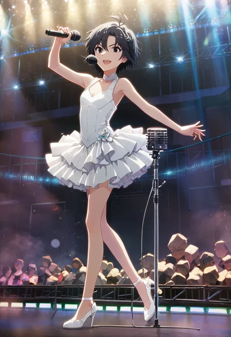 score_9,score_8_up,score_7_up,score_6_up,source_anime, <lora:Worldly_XL:1.00> industrial port, seaside, (rock concert, microphone stand, microphone:1.3),
1girl, solo, full figure, standing, dynamic pose, singing, dancing, <lora:KikuchiMakoto_pony_v1:0.9> kikuchi makoto, kkcmkt, short hair, black hair, antenna hair, hair between eyes, black eyes, flat chest, small breasts, (long legs:1.2), white dress, white shoes, delicate strappy heels,
hands, <lora:detailed_hands:1.05> <lora:HandFineTuning_XL:0.65>
<lora:loraeyesxl:0.65>
zPDXL, zPDXL-neg